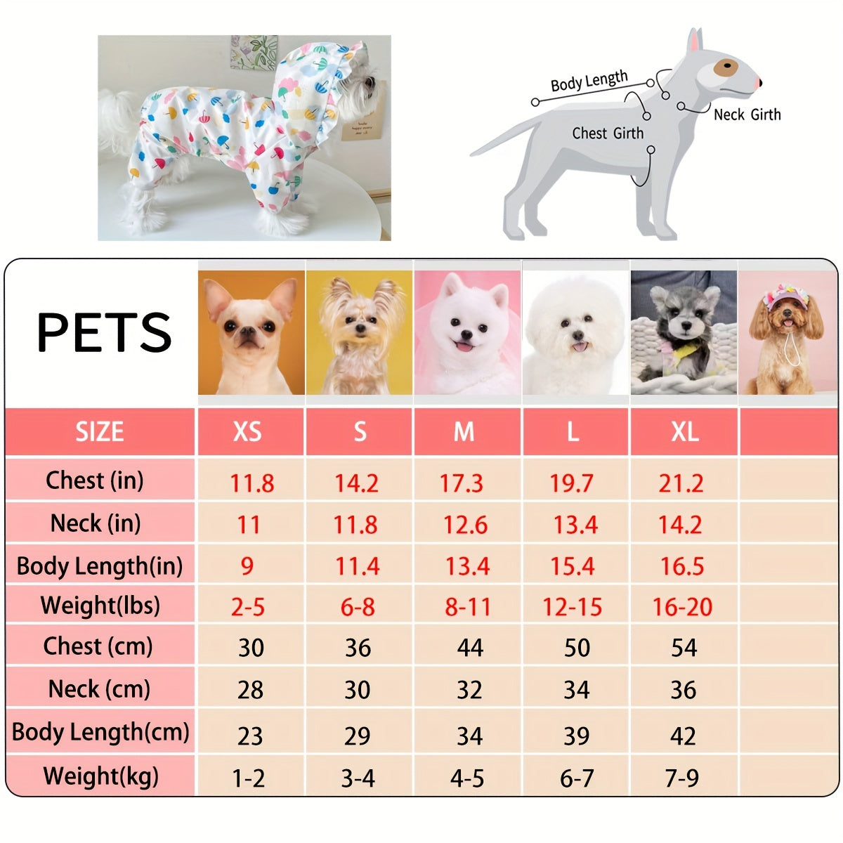 LuckeLadybug waterproof dog raincoat for small dogs with colorful pattern and measurement guide