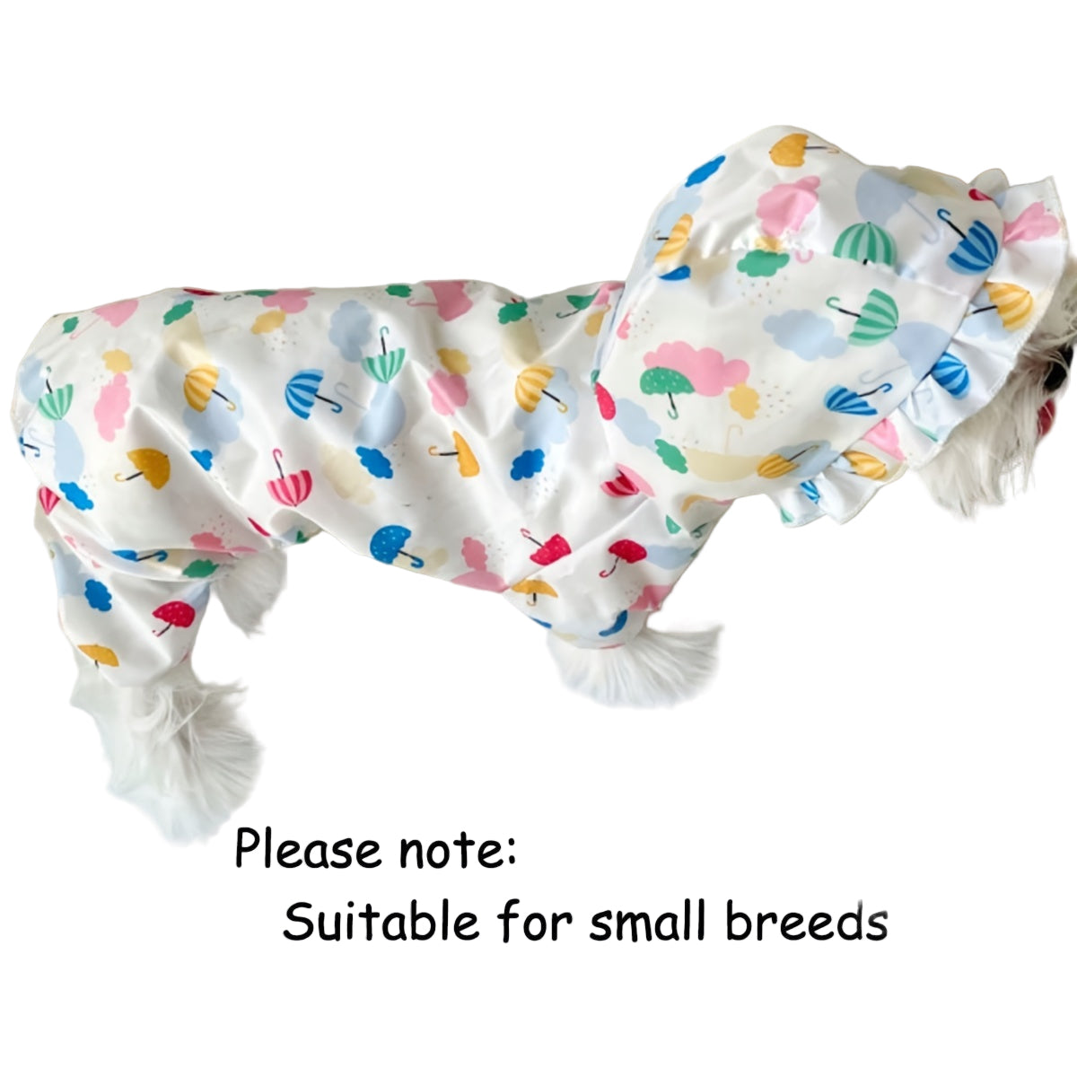 Colorful waterproof dog raincoat for small dogs featuring a hood and ruffled trim