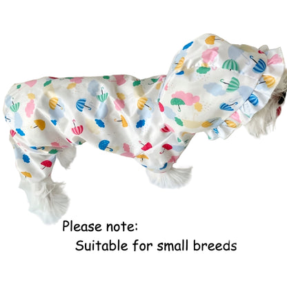Colorful waterproof dog raincoat for small dogs featuring a hood and ruffled trim