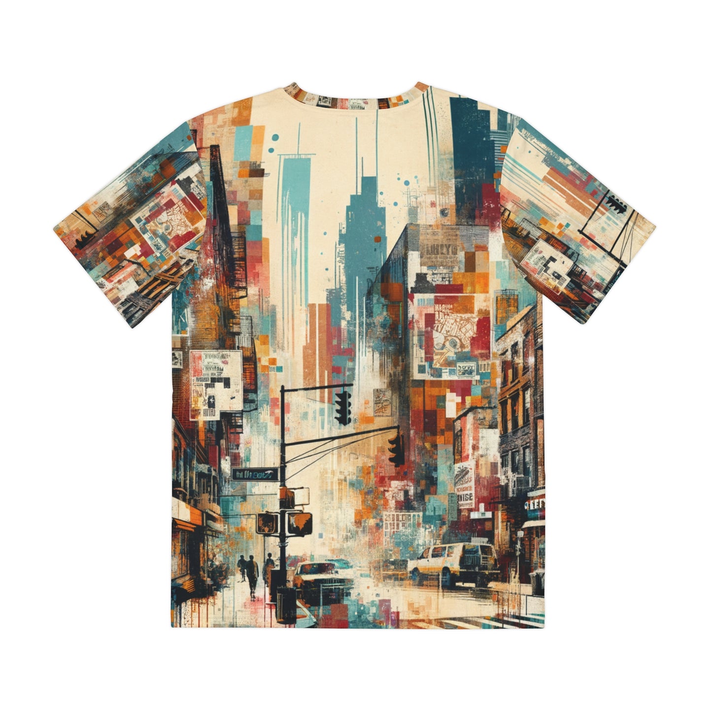 LuckeLadybug T-shirt featuring wearable street art fashion with abstract cityscape design in vibrant colors