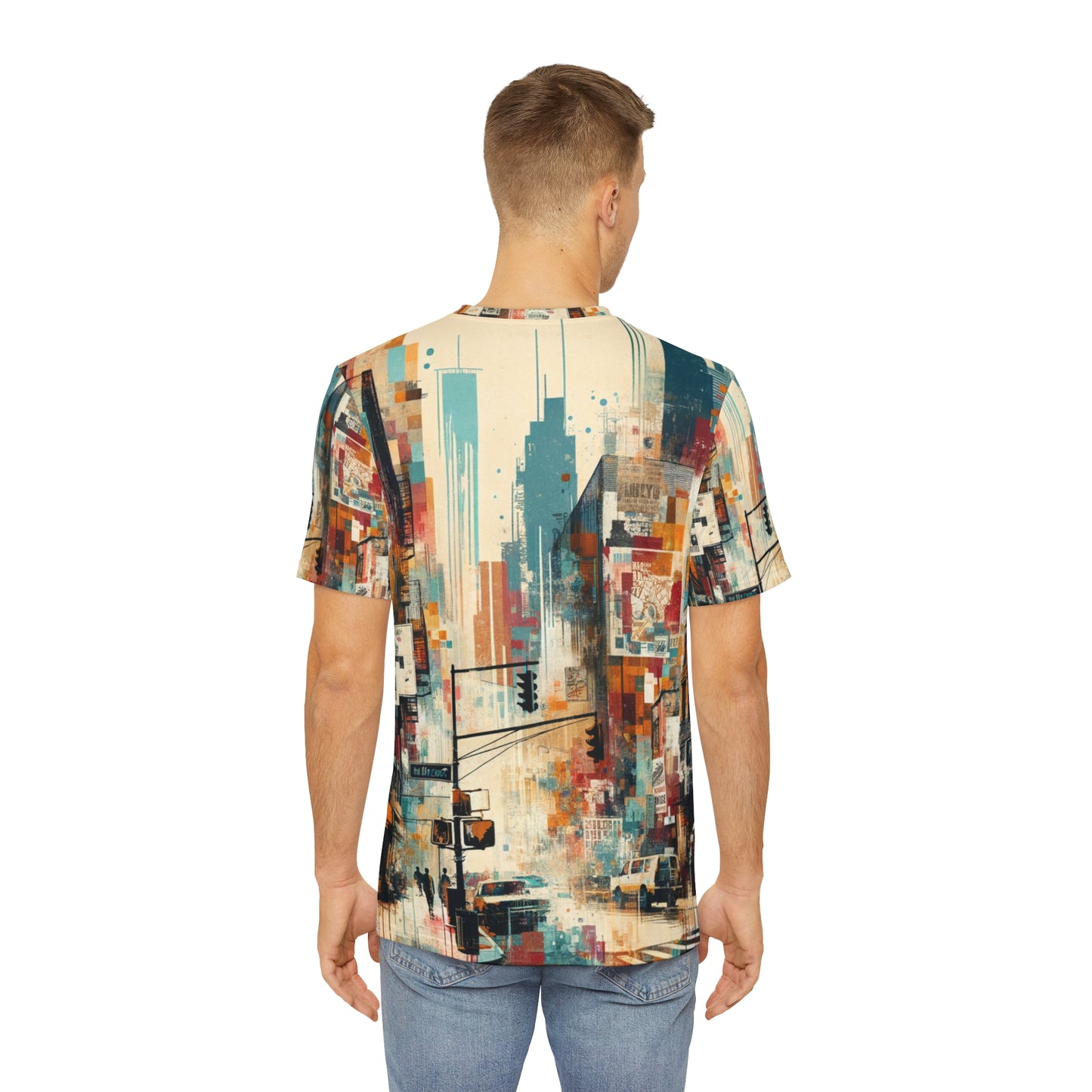 LuckeLadybug T-Shirt featuring wearable street art fashion with colorful urban cityscape design on back