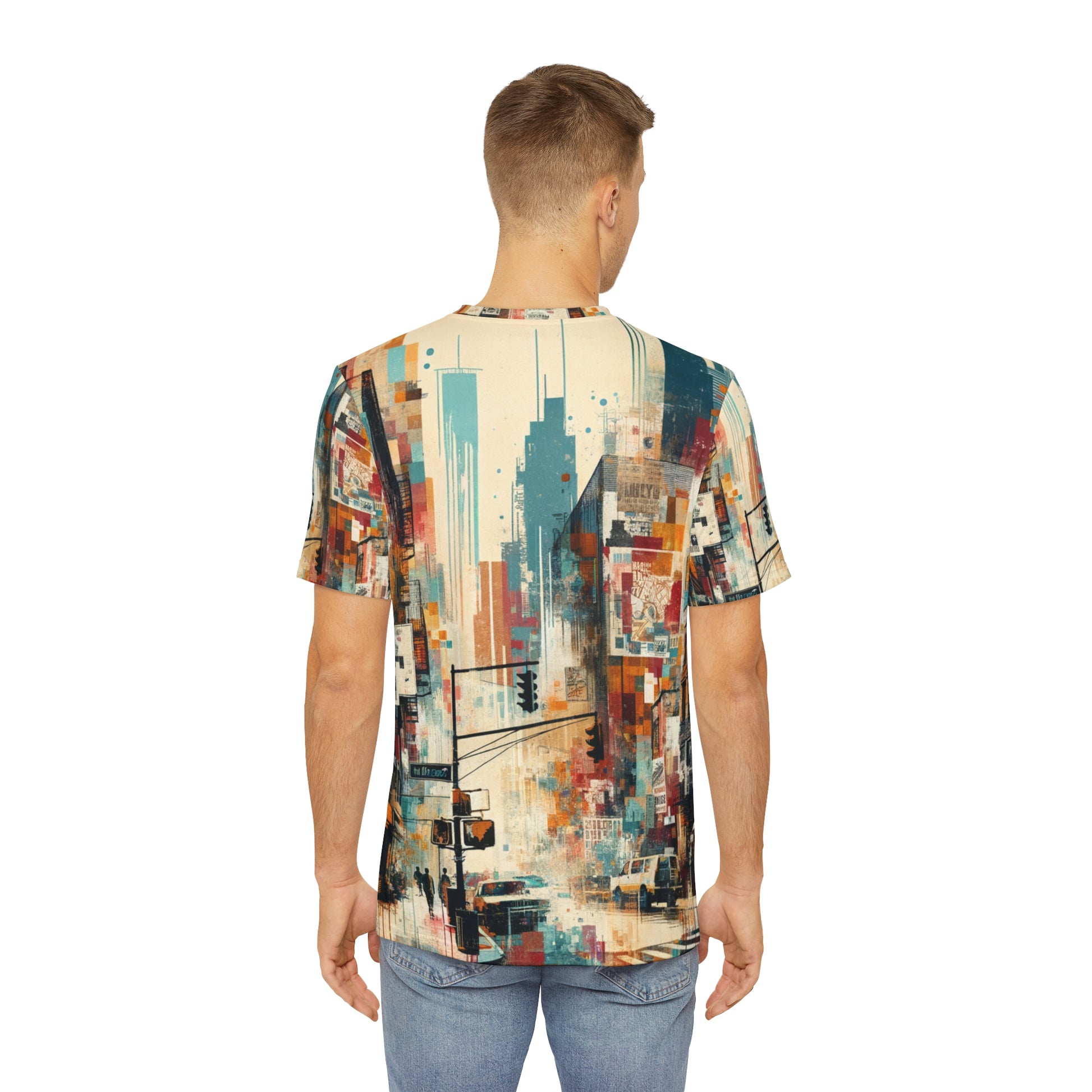LuckeLadybug T-Shirt featuring wearable street art fashion with colorful urban cityscape design on back