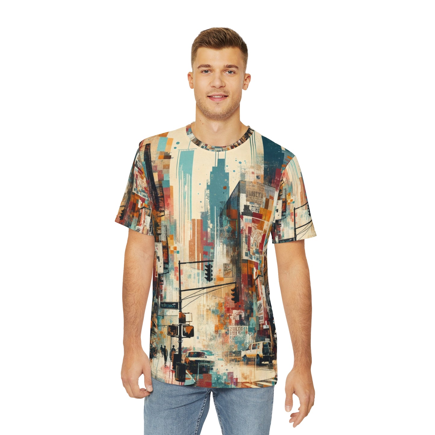LuckeLadybug wearable street art fashion T-shirt with abstract cityscape design on a male model