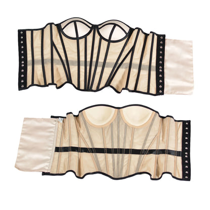 LuckeLadybug wedding bustier corset top in sheer fabric with elegant black trim and structured support