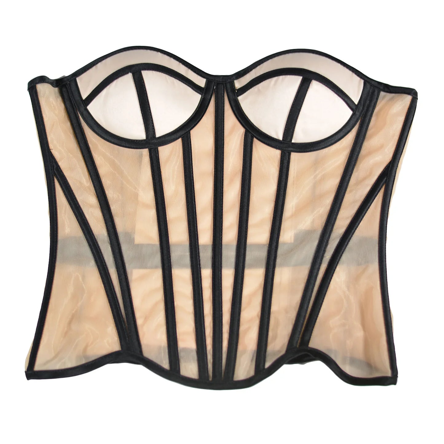 LuckeLadybug LLC Wedding bustier corset top in sheer nude with black detailing for elegant bridal wear
