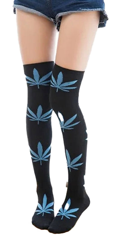 LuckeLadybug LLC weed print thigh high socks featuring blue cannabis leaf designs on a black background