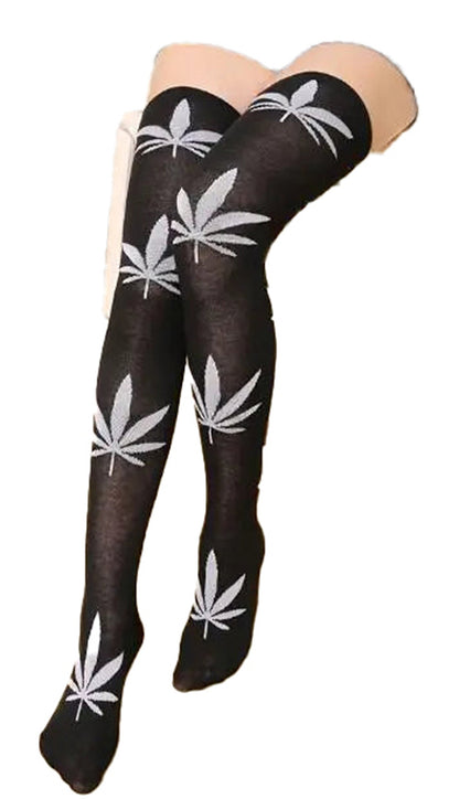 LuckeLadybug LLC weed print thigh high socks featuring black fabric with silver cannabis leaf designs