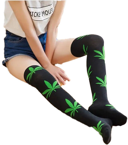 LuckeLadybug LLC weed print thigh high socks with vibrant green leaf design on black fabric