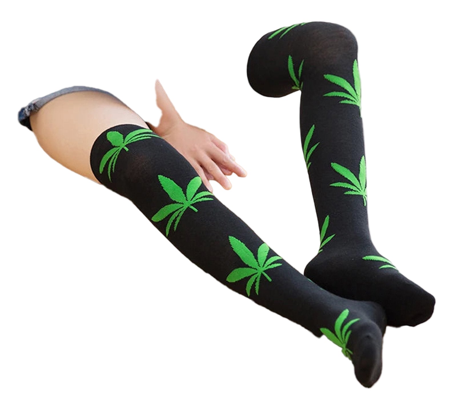 LuckeLadybug LLC weed print thigh high socks in black with green cannabis leaf design
