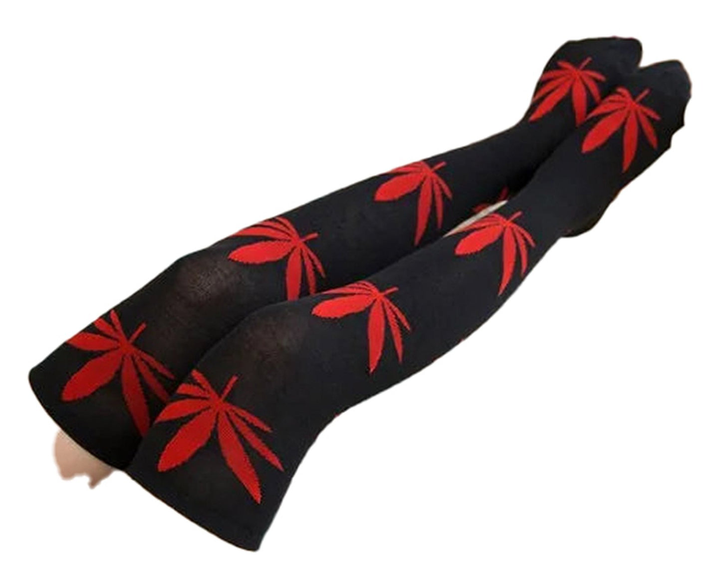 LuckeLadybug LLC weed print thigh high socks with red leaf design on a black background
