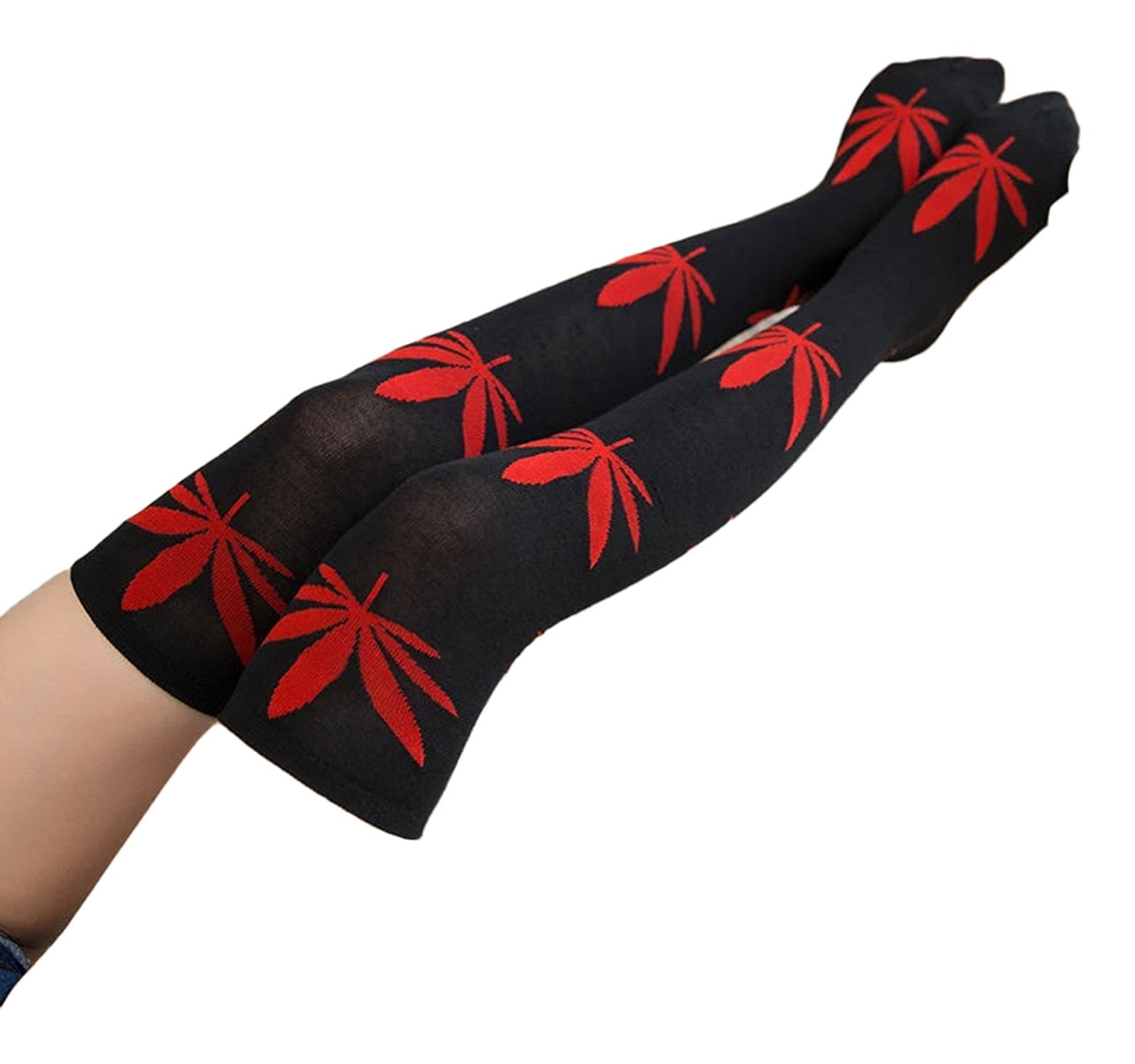 Black weed print thigh high socks with red leaf designs for a trendy and stylish look