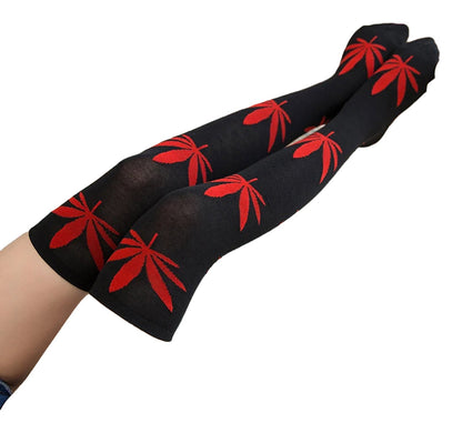 Black weed print thigh high socks with red leaf designs for a trendy and stylish look