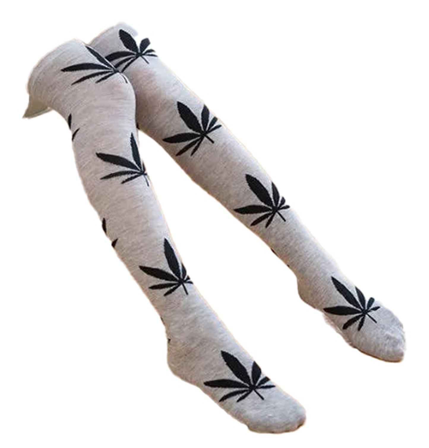 LuckeLadybug weed print thigh high socks in gray with black cannabis leaf design