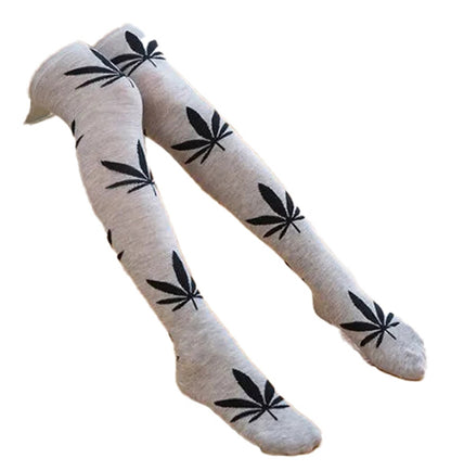 LuckeLadybug weed print thigh high socks in gray with black cannabis leaf design