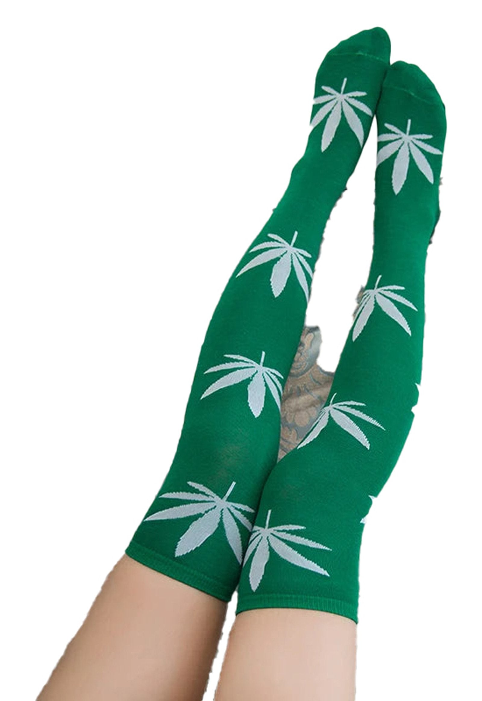 Green weed print thigh high socks featuring a stylish leaf pattern for trendy looks