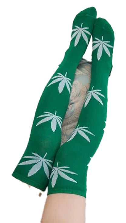 Weed print thigh high socks in green with stylish leaf designs from LuckeLadybug LLC