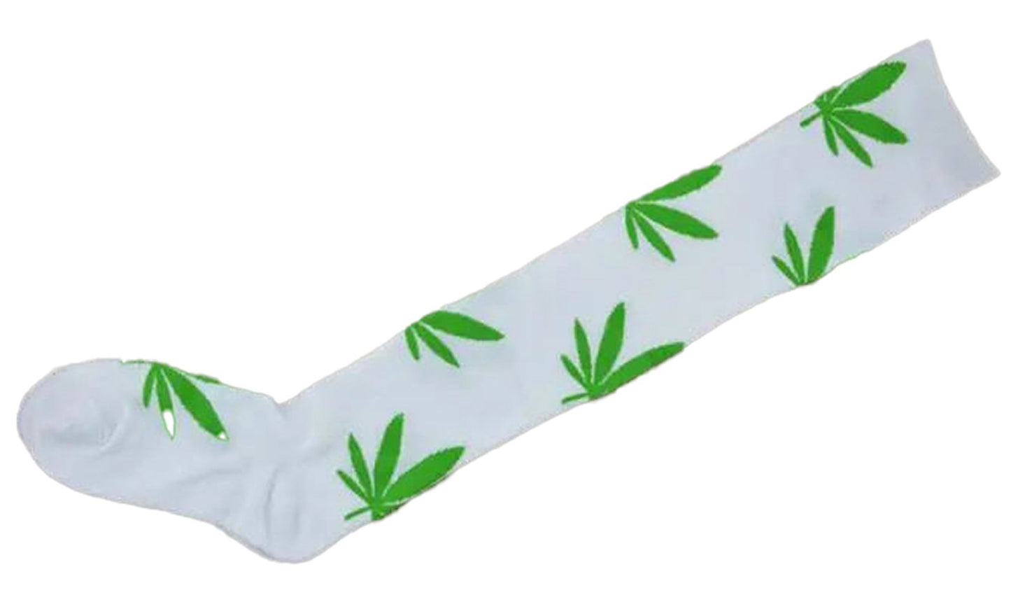 LuckeLadybug LLC weed print thigh high socks with green cannabis leaves on a white background