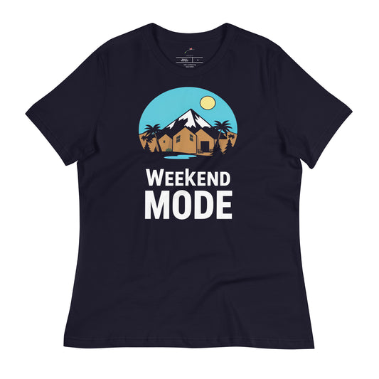 Navy weekend mode t-shirt featuring a tropical design with sun and mountains