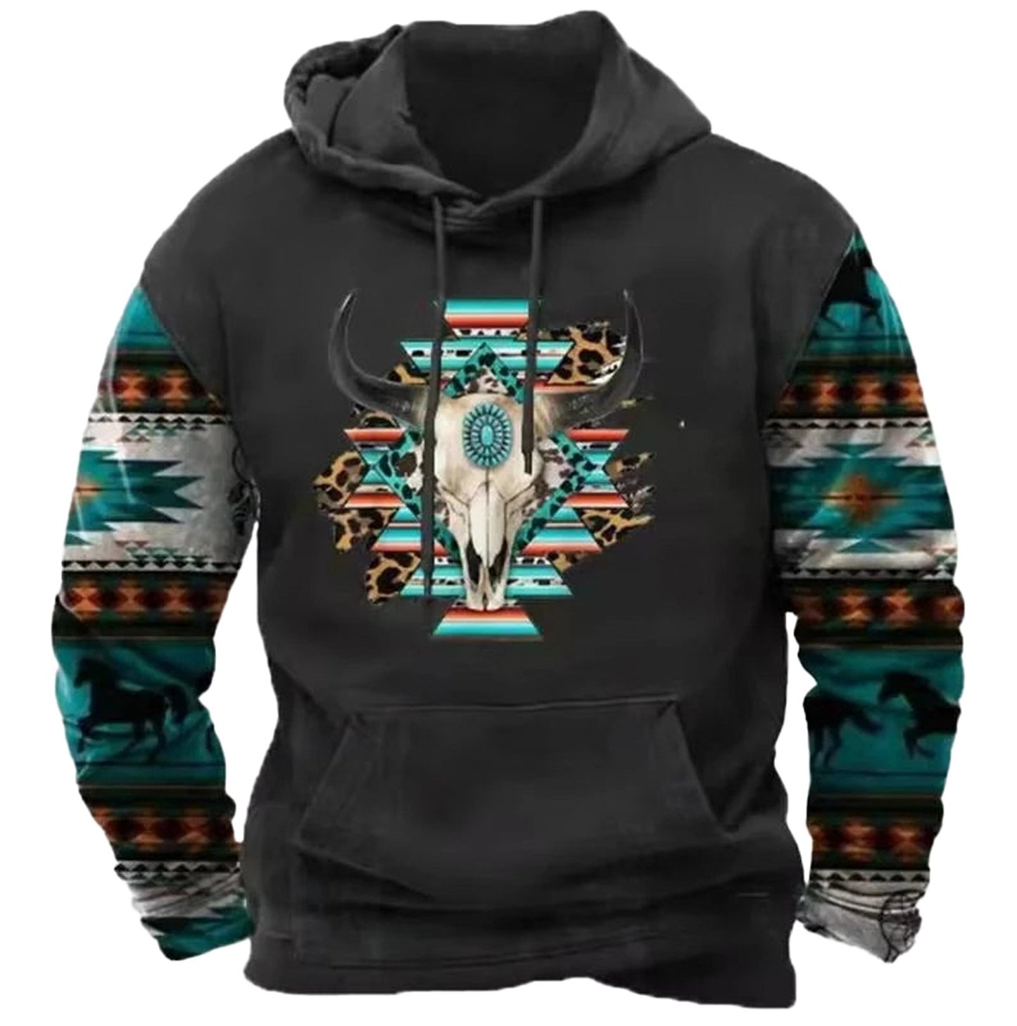 LuckeLadybug LLC Western 3D print hoodie with bull skull design and colorful tribal patterns