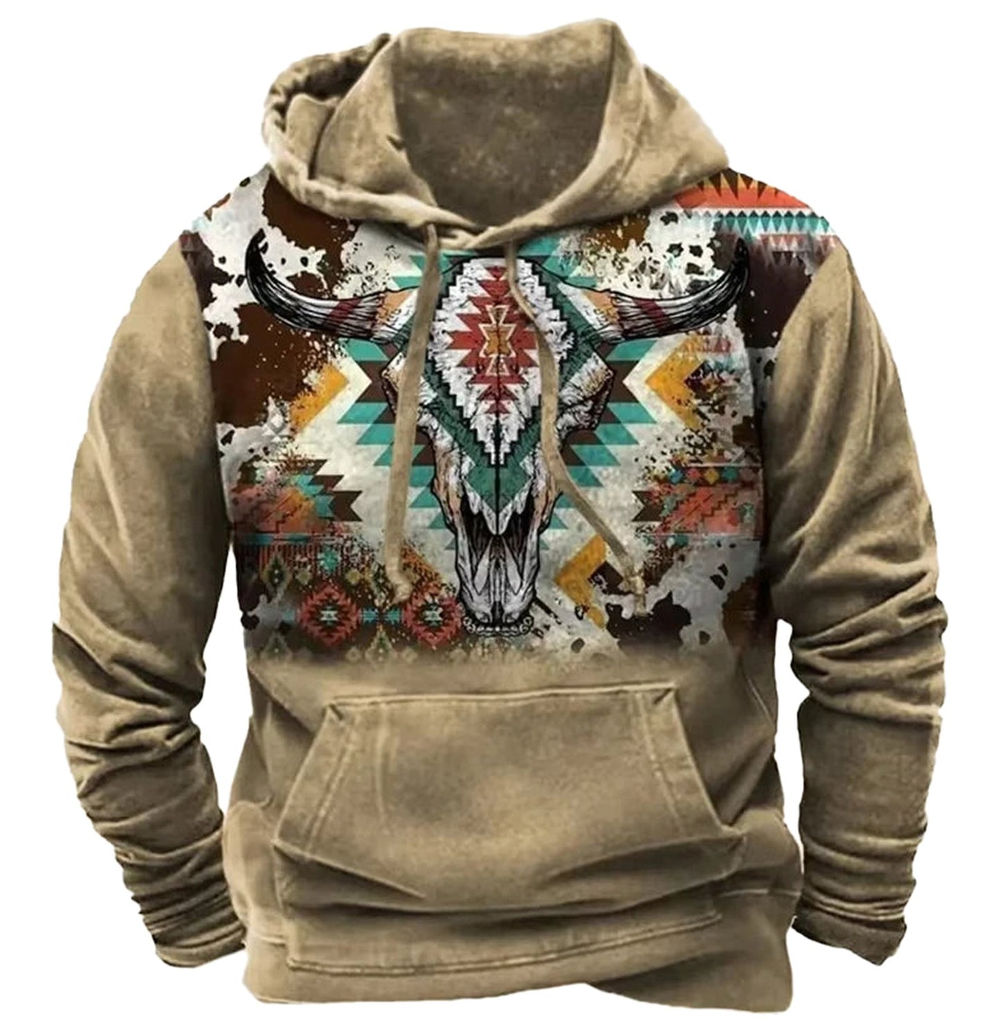 LuckeLadybug LLC Western 3D print hoodie featuring a colorful bull skull design and tribal patterns