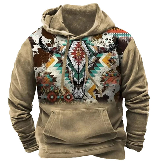 LuckeLadybug LLC Western 3D print hoodie featuring a colorful bull skull design and tribal patterns