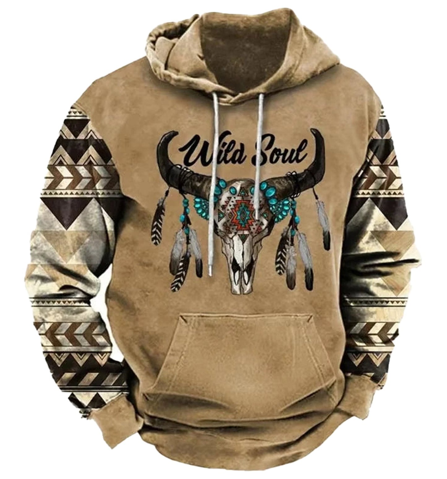 LuckeLadybug LLC western 3d print hoodie with bull skull and tribal patterns on sleeves