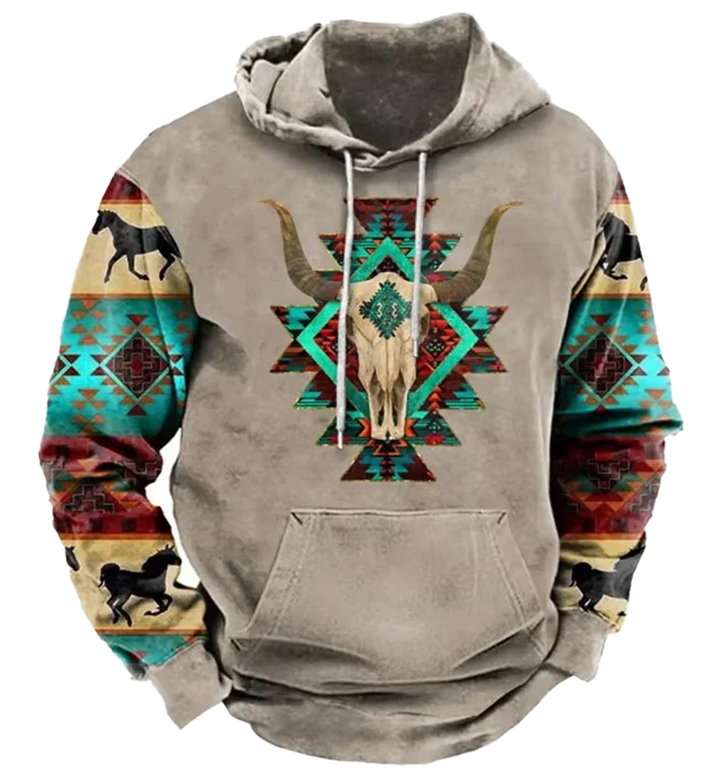 LuckeLadybug LLC western 3d print hoodie featuring colorful tribal patterns and a bull skull design