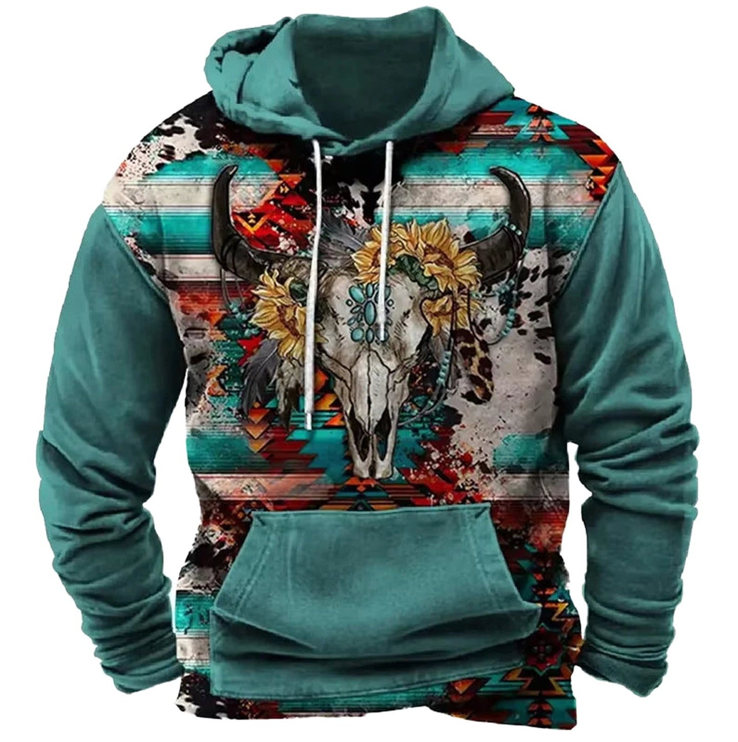 LuckeLadybug LLC western 3d print hoodie featuring a vibrant design with a skull and floral elements