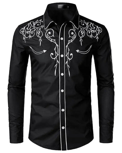 Black western embroidered shirt for men with intricate white designs and classic collar