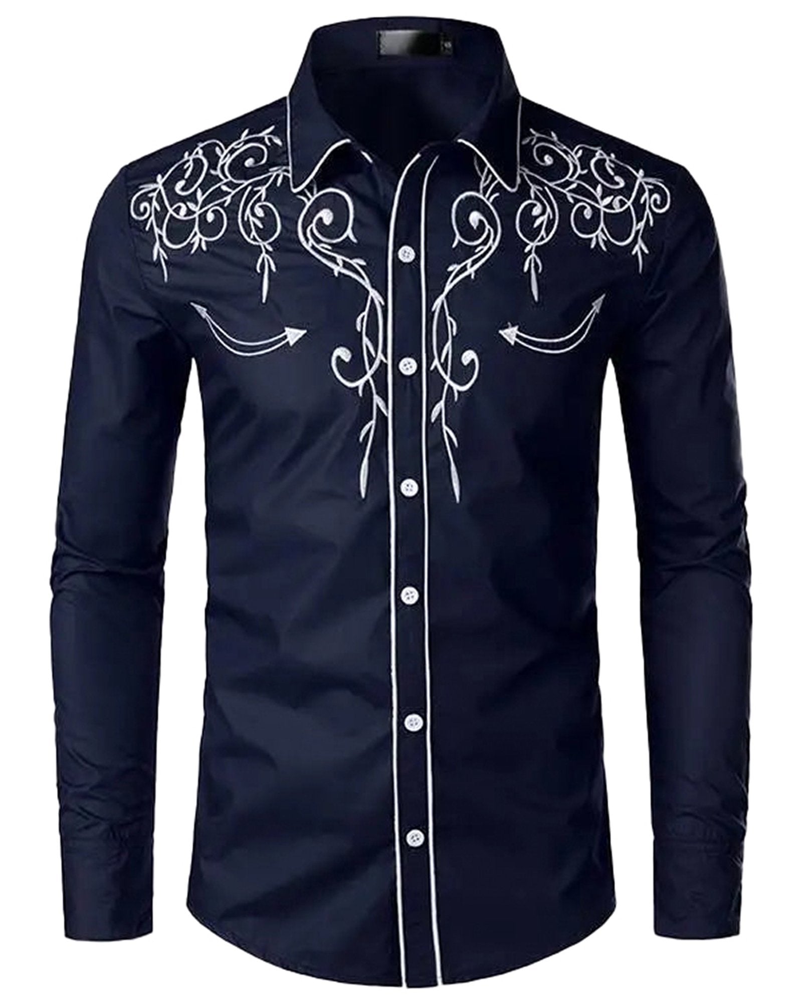 LuckeLadybug Western embroidered shirt for men in navy with intricate white designs