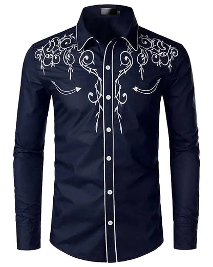 LuckeLadybug Western embroidered shirt for men in navy with intricate white designs