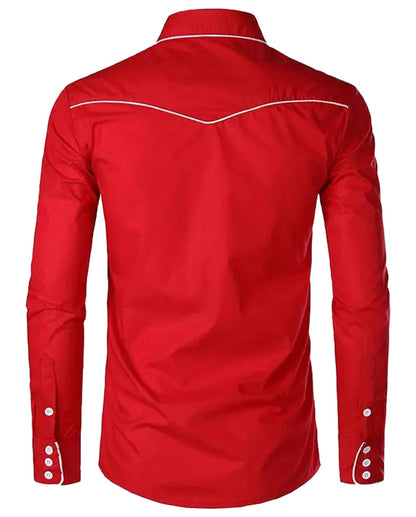 Red Western Embroidered Shirt for Men with Contrasting White Stitching and Button Details