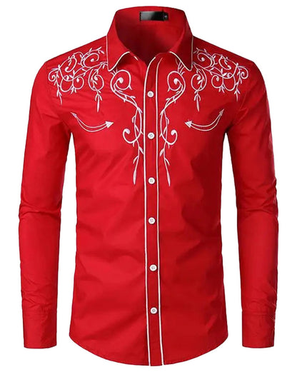Red Western Embroidered Shirt for Men with Elegant White Floral Patterns on the Front