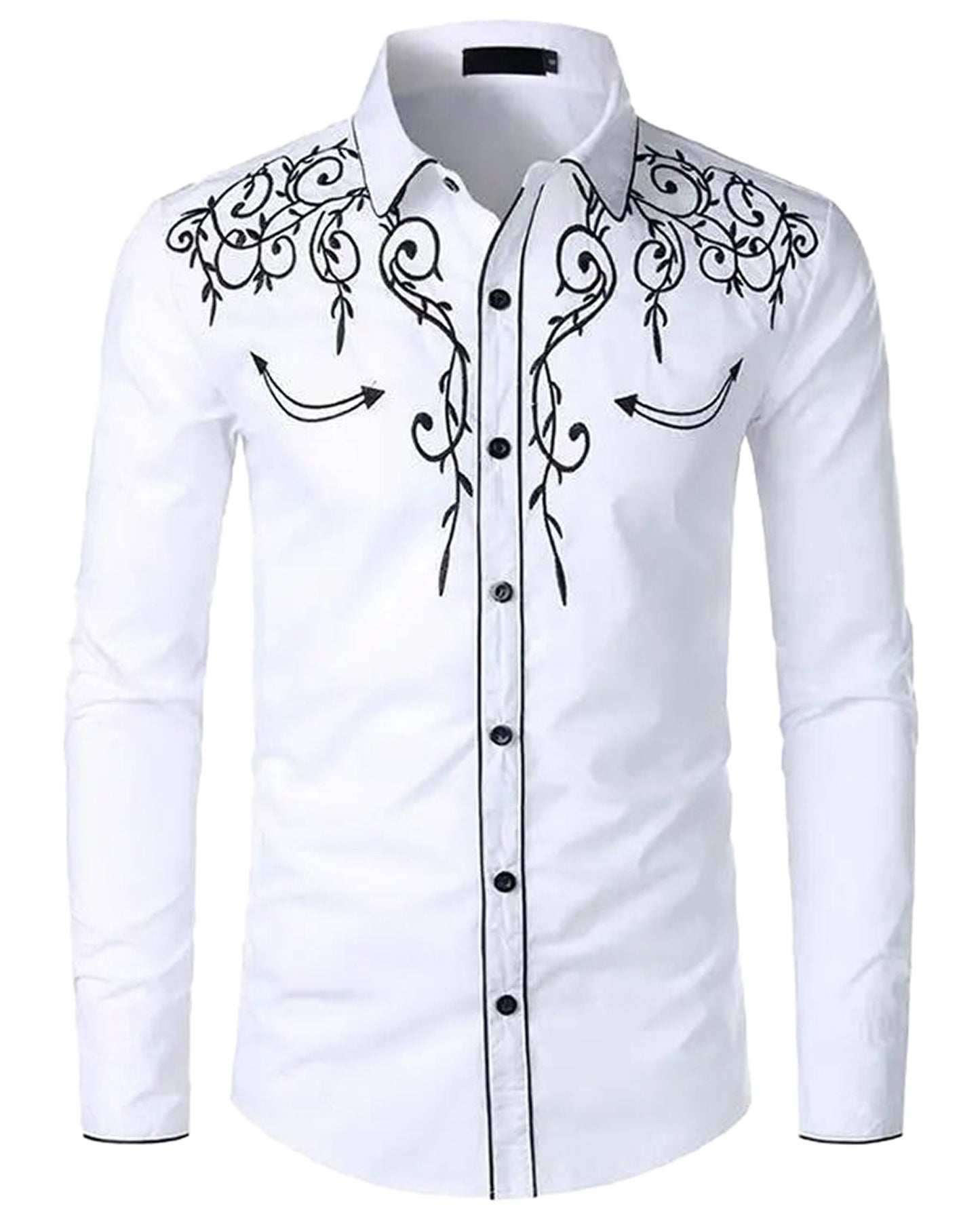 White western embroidered shirt for men with intricate black designs on the chest and collar