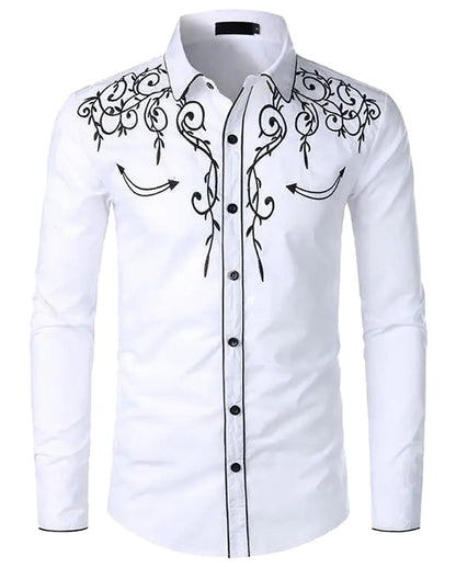 White western embroidered shirt for men with intricate black designs on the chest and collar