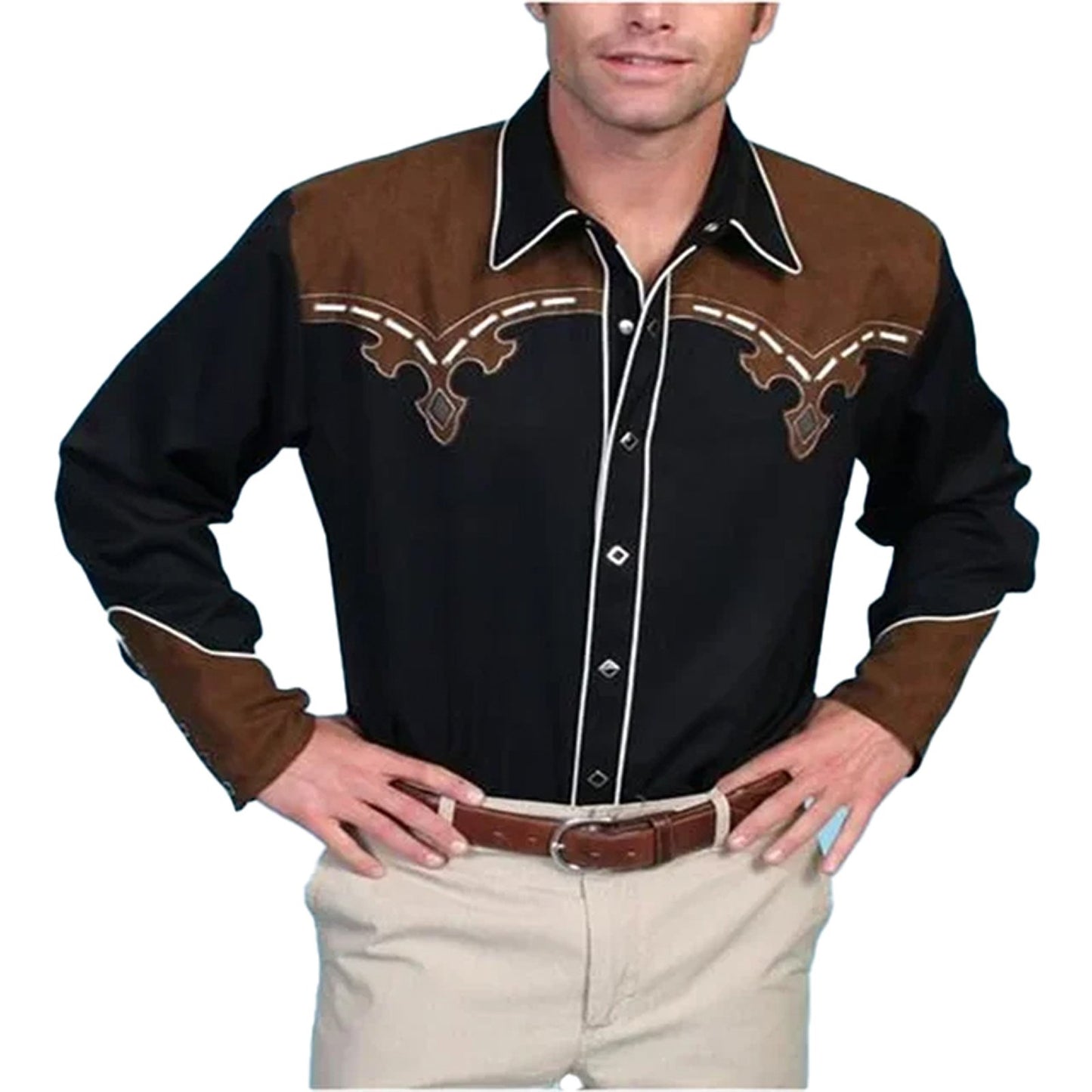 Stylish western rose print men's shirt with brown suede accents and contrasting stitching