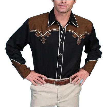 Stylish western rose print men's shirt with brown suede accents and contrasting stitching