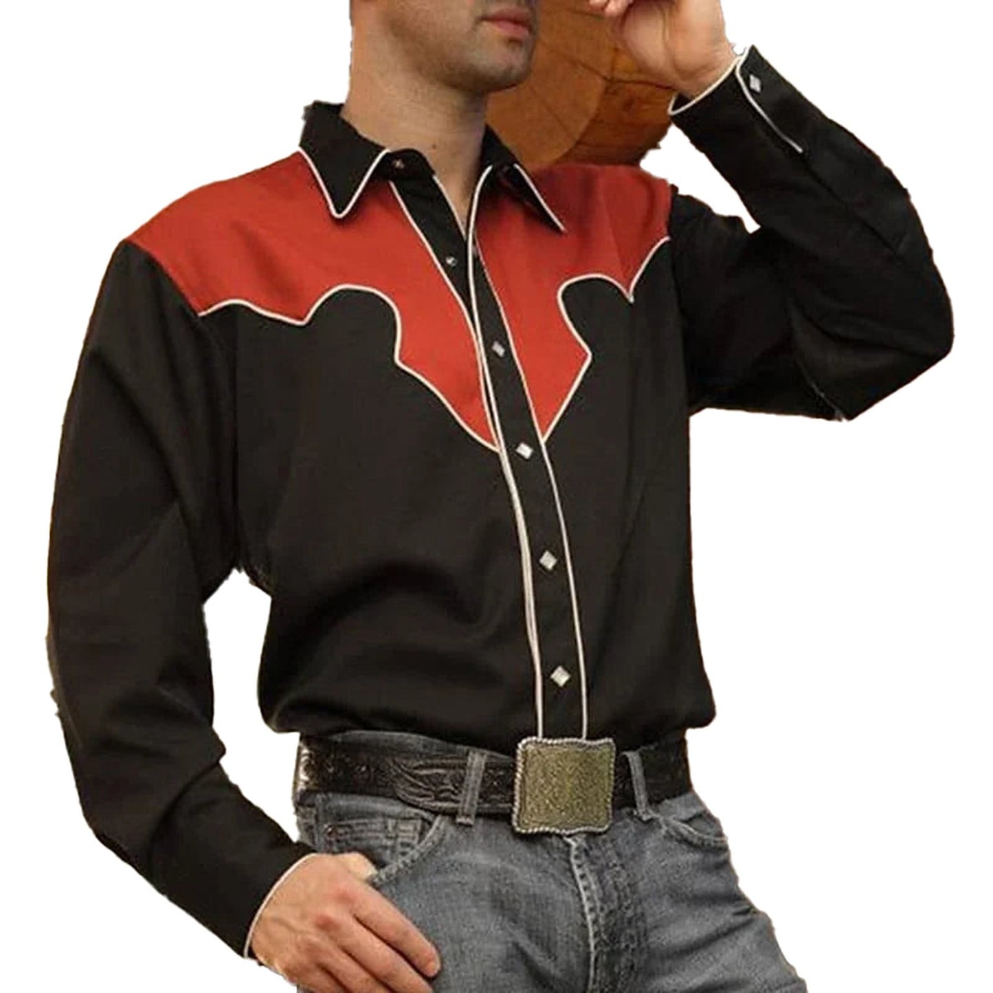 Men's western rose print men's shirt in black and red with stylish western design details