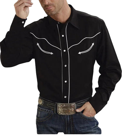 LuckeLadybug men's black western rose print men's shirt with white decorative stitching