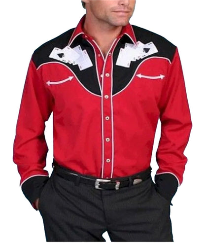 LuckeLadybug LLC Western rose print men's shirt featuring a vibrant red color and unique western design