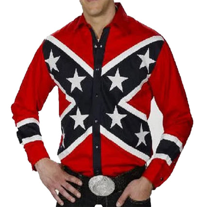 Bold western rose print men's shirt with red and black star design for stylish western wear