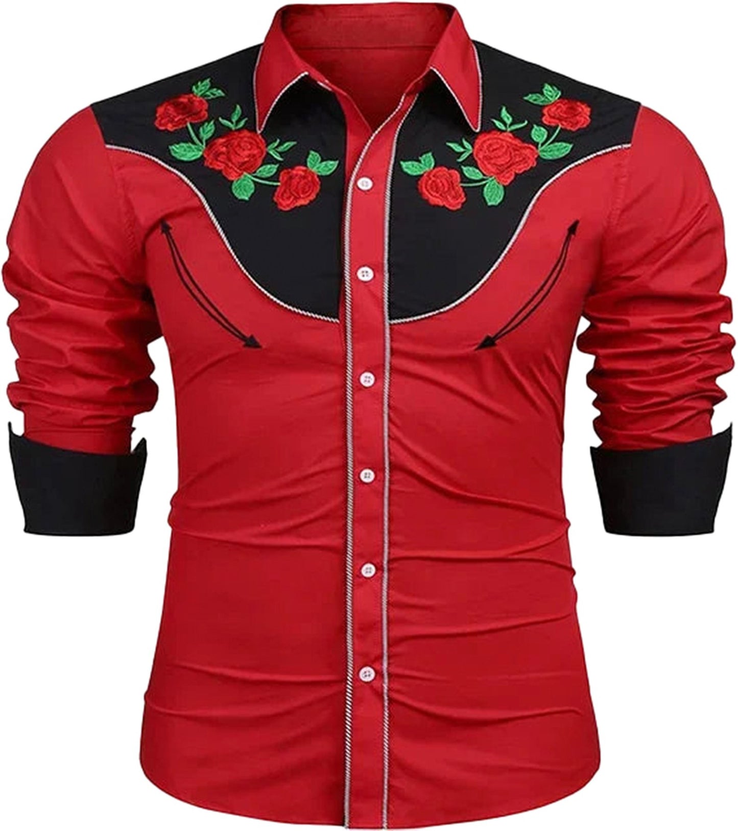 Stylish red western rose print men's shirt with black accents and floral embroidery details