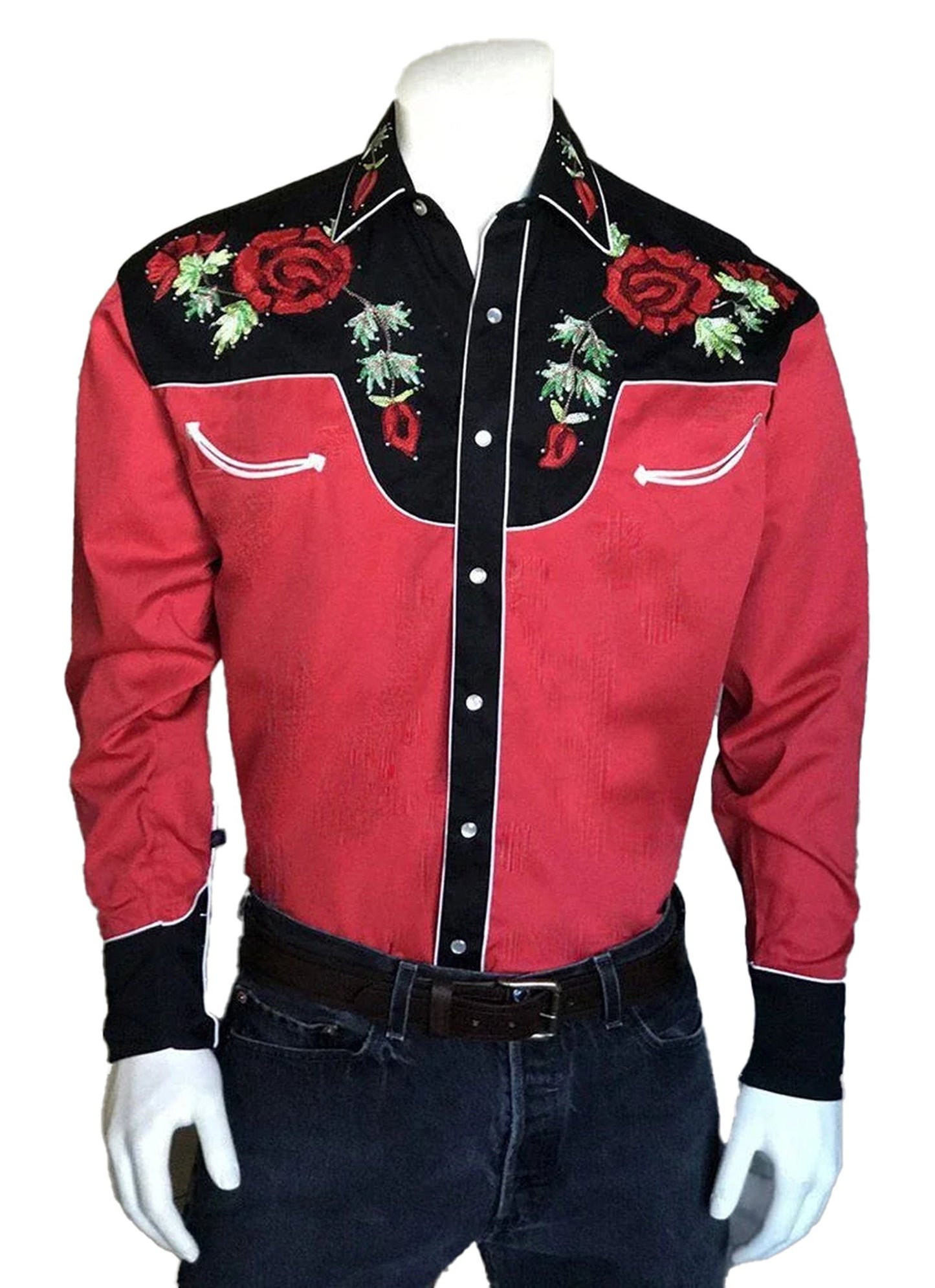 LuckeLadybug LLC western rose print men's shirt in red with embroidered floral details on the yoke