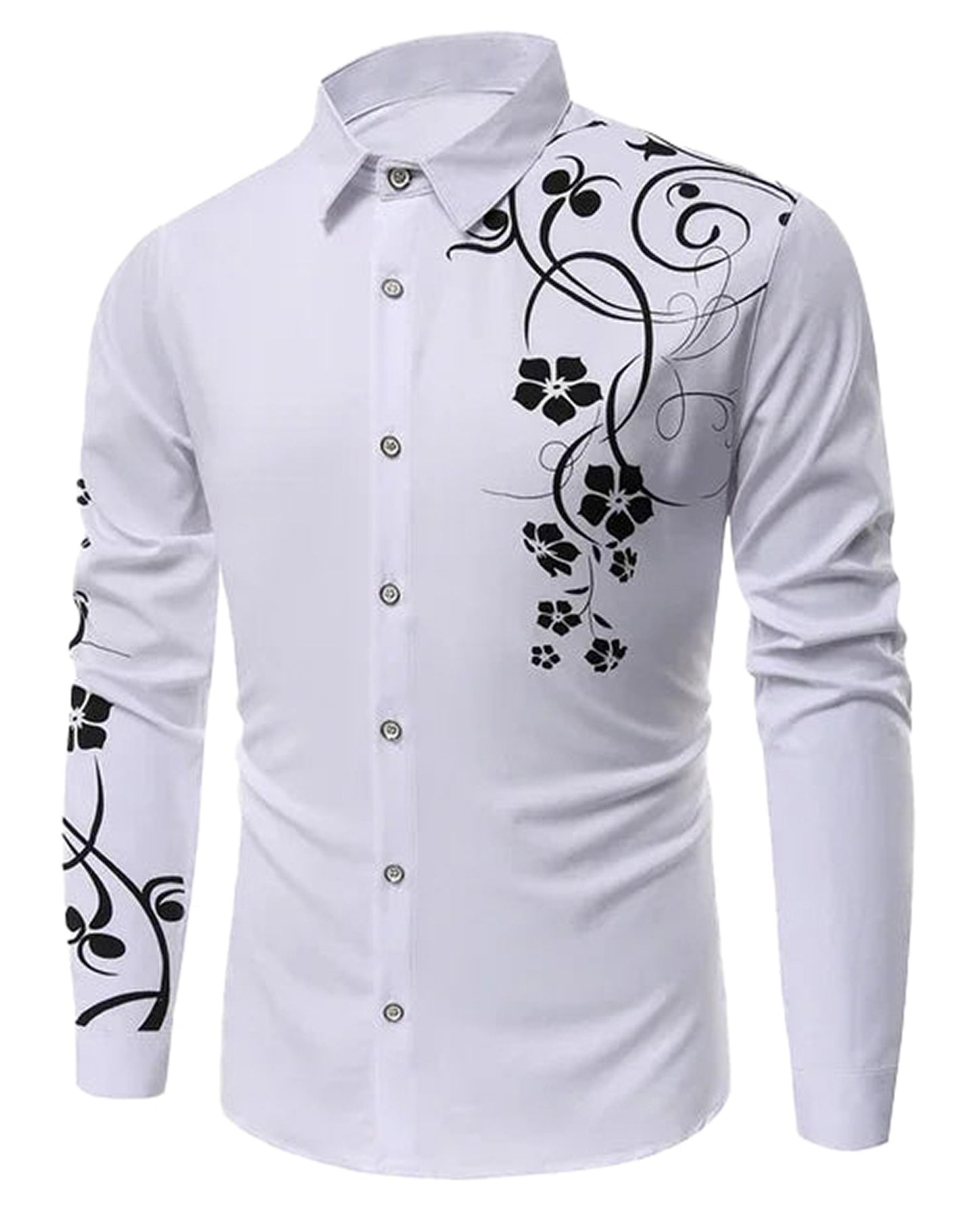 LuckeLadybug LLC western rose print men's shirt in white featuring black floral designs on the sleeve