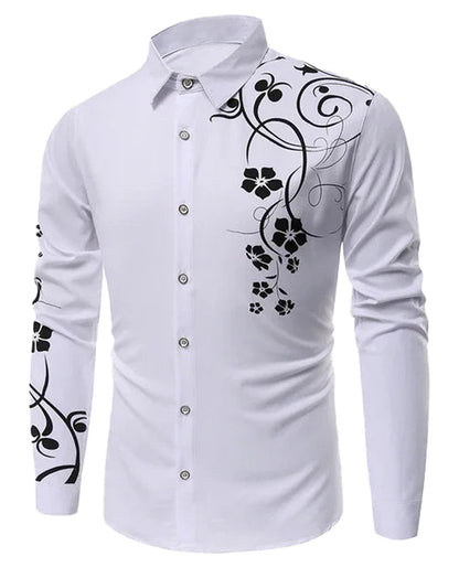 LuckeLadybug LLC western rose print men's shirt in white featuring black floral designs on the sleeve