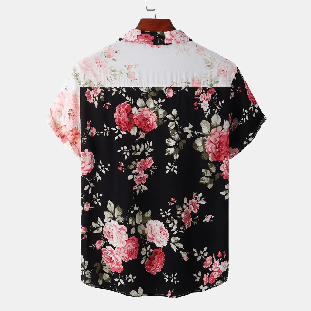 Floral LuckeLadybug LLC western shirt plus size with a vibrant rose pattern on a black background