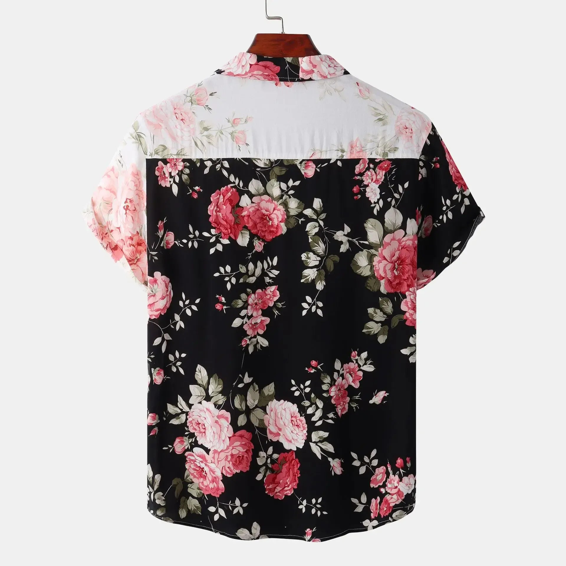 Floral LuckeLadybug LLC western shirt plus size with a vibrant rose pattern on a black background