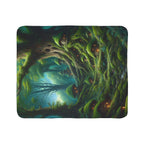 LuckeLadybug sherpa blanket featuring a whimsical woodland themed blanket design with glowing tree houses