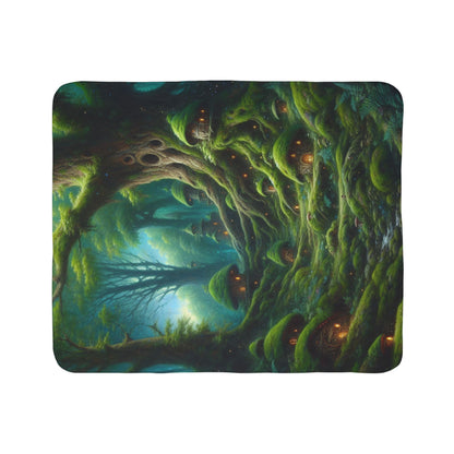 LuckeLadybug sherpa blanket featuring a whimsical woodland themed blanket design with glowing tree houses