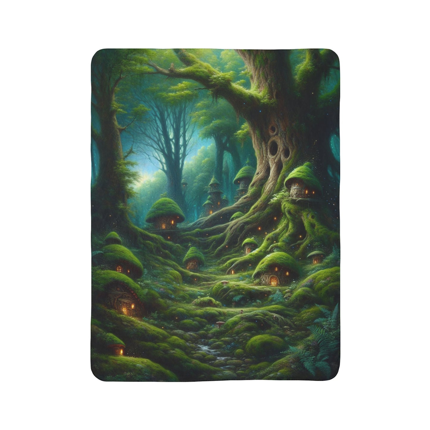 LuckeLadybug whimsical woodland themed blanket with magical forest and glowing mushroom houses design